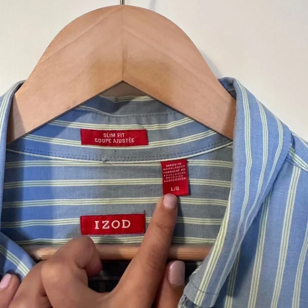 IZOD Luxury Sport Button Down Blue w/ Green & White Stripe